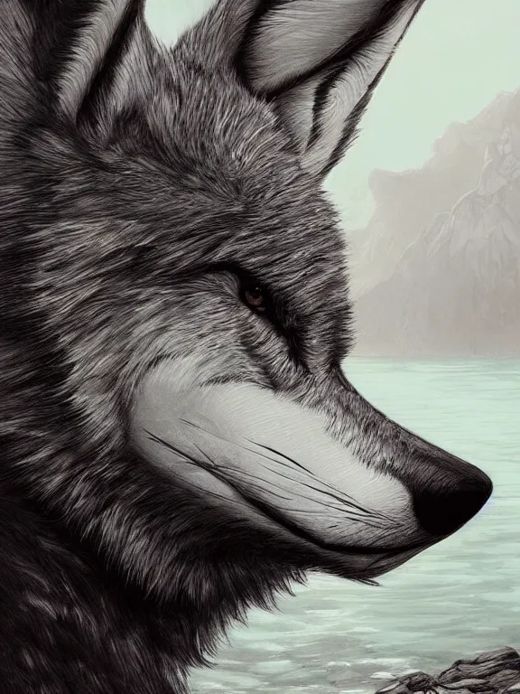 Image similar to 3/4 headshot of cute anthro wolf man, handsome, fantasy, intricate, long muzzle, wolf ears, fursona, black fur, elegant, highly detailed, digital painting, artstation, concept art, smooth, sharp focus, illustration, art by artgerm and greg rutkowski and alphonse mucha bright Maldives beach in background