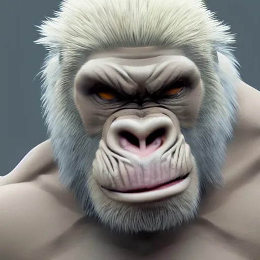 Image similar to extremely scary angry old tough rough looking albino gorilla. scars, scary, gruffness, interesting 3 d character concept by square enix, in the style of league of legends, hyper detailed, character modeling, cinematic, final fantasy, character concept, ray tracing, fur details, maya, c 4 d, artstation