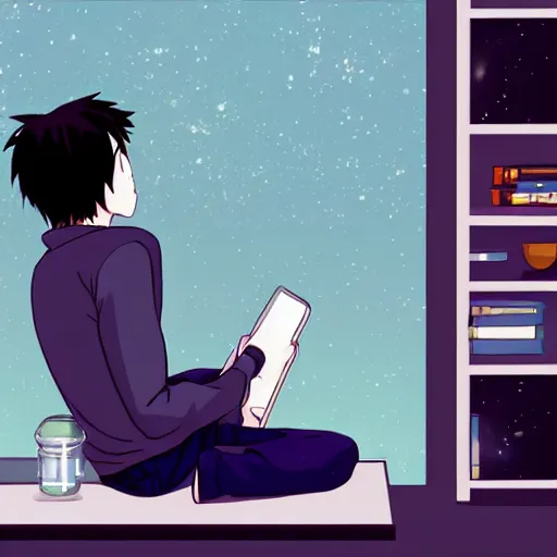 Image similar to a skinny computer nerd guy sitting on the floor of his room, crossed legs, laptop, smartphone, video games, tv, books, potions, jars, shelves, knick knacks, tranquil, star charts, calm, sparkles in the air, magic aesthetic, fantasy aesthetic, faded effect, by Studio Ghibli