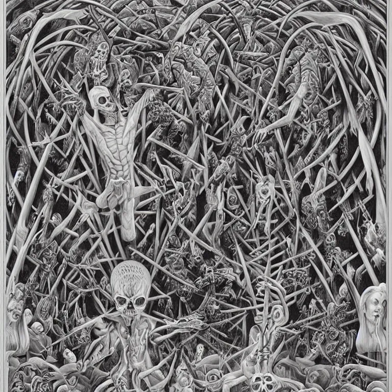 Image similar to meditation on death by Alex Grey and M. C. Escher collaboration