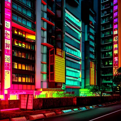 Prompt: A cyberpunk building at night, it functions as an appartment building, Neon japanese signs