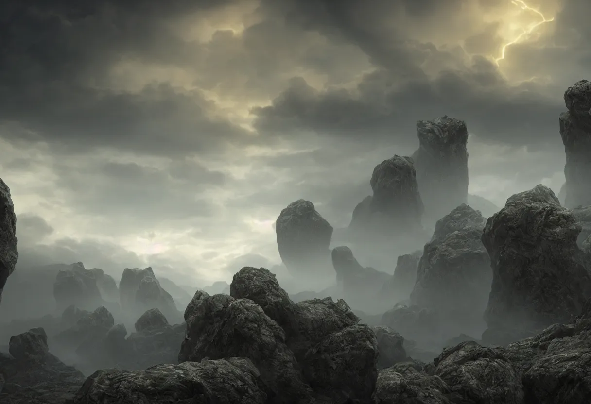 Prompt: Photorealistic epic misty landscape with magically floating rocks, with ominous storm clouds, bioluminescent runes, stones falling from the sky, a gentle rising mist. occult photorealism, UHD, amazing depth, glowing, golden ratio, 3D octane cycle unreal engine 5, volumetric lighting, cinematic lighting, in the style of Michael Whelan and Gustave Dore. Hyperdetailed photorealism, epic scale, misty, 108 megapixels, amazing depth, glowing rich colors, powerful imagery, psychedelic Overtones, concept art