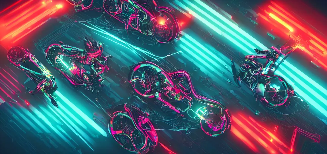 Image similar to cyberpunk, synthwave, vaporware aesthetics, retrowave, flat shading, neon, highly detailed aerial digital art of a tron cyberbike race, drone shot, cell - shaded