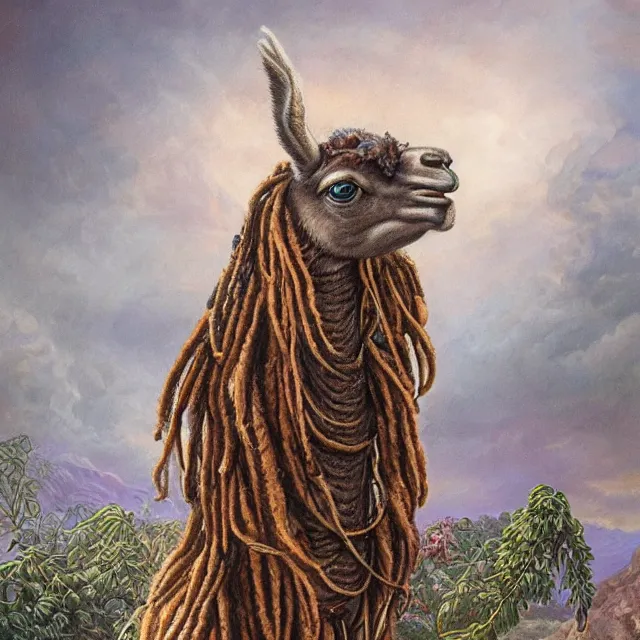 Prompt: llama with dreadlocks, by mandy jurgens, ernst haeckel, detmold, edward julius, james jean