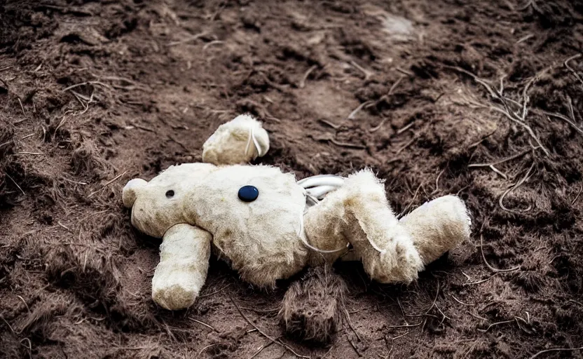 Image similar to laying teddy bear, dirty fur, robotic, sad eyes, hole in fabric, wires coming out, circuit, electricity, mud, outdoor, dirt, realistic photography