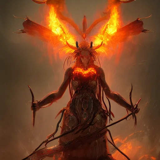 Image similar to ram horned oracle brings fire down from the sky, NGE dark fantasy, highly detailed, digital painting, volumetric light, 8k detailed