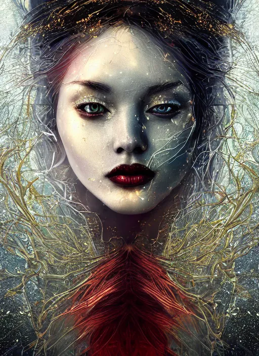 Prompt: glowing silver and golden elements, full close-up portrait, young female face model as a dark witch in front of the full big moon, book cover, green forest, red white black colors, establishing shot, extremly high detail, photo-realistic, cinematic lighting, pen and ink, intricate line drawings, by Yoshitaka Amano, Ruan Jia, Kentaro Miura, Artgerm, post processed, concept art, artstation, matte painting, style by eddie, raphael lacoste, alex ross