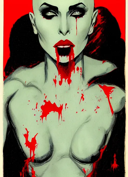 Image similar to portrait of bald iranian vampiress, strong line, saturated color, beautiful! coherent! by frank frazetta, high contrast, blood splatter background