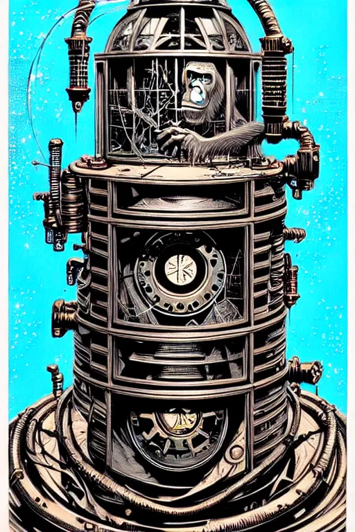 Image similar to steampunk cryo chamber containing an ape, high details, intricately detailed, by vincent di fate, inking, 3 color screen print, masterpiece, trending on artstation,, sharp, details, hyper - detailed, hd, 4 k, 8 k