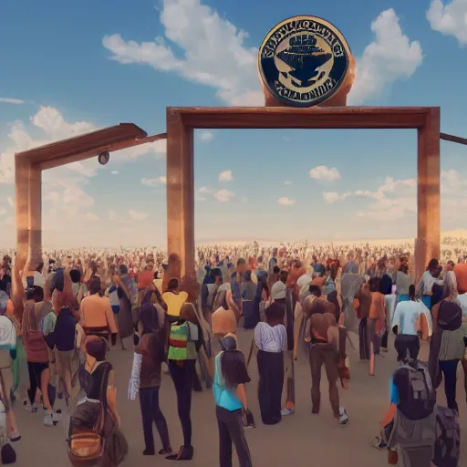 Image similar to large millennial crowd in front of a | government security facility military gate | in the hot desert trending on artstation digital paint 4 k render