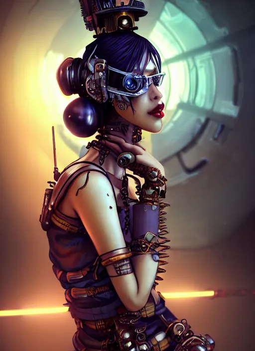 Prompt: soft lustrous seductive ebony geisha raver gutter punk steampunk cyborg, golden ratio, details, scifi, fantasy, cyberpunk city, intricate, decadent, highly detailed, octane render, digital painting, artstation, concept art, sharp focus, illustration, art by artgerm, loish, wlop