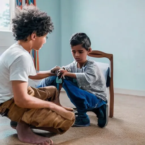 Image similar to a kid healing a mans wound, the man is sitting on a wooden chair