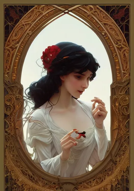 Image similar to snow white, intricate, elegant, highly detailed, digital painting, artstation, concept art, smooth, sharp focus, illustration, art by artgerm and greg rutkowski and alphonse mucha and william - adolphe bouguereau