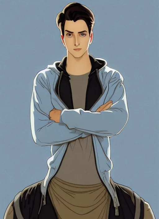 Image similar to well - lit art nouveau portrait of a young man with short black hair, light blue eyes, pale skin, serious expression, jeans and a black hoodie, natural lighting, path traced, highly detailed, high quality, cartoon, digital painting, by don bluth and ross tran and studio ghibli and alphonse mucha