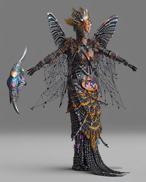 Image similar to 3 d warrior goddess medium shot portrait. beautiful hyperrealistic intricate highly detailed magpie helm broken armor, kintsugi, quetzalcoatl, korean hanbok, bioluminescent, plasma, lava, ice, feather, artwork by tooth wu and chiara bautista, octane 3 d render