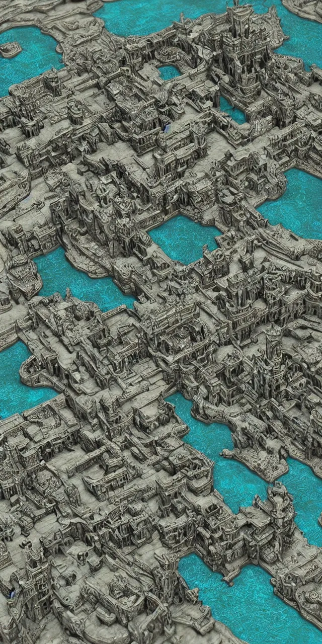 Prompt: an exquisite metallic 3 d map of a lost city of castles, black and teal, intricate, highly detailed, epic, marginalia, unreal engine