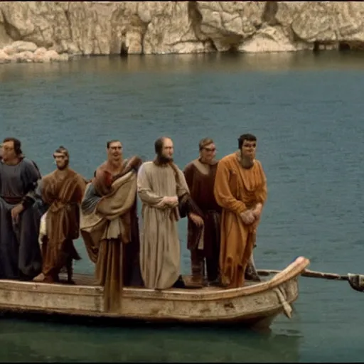 Prompt: Cinematic still of Stunned Men in 1st century clothing standing on a boat, looking in shock at the calm water, peaceful, epic directed by Ridley Scott