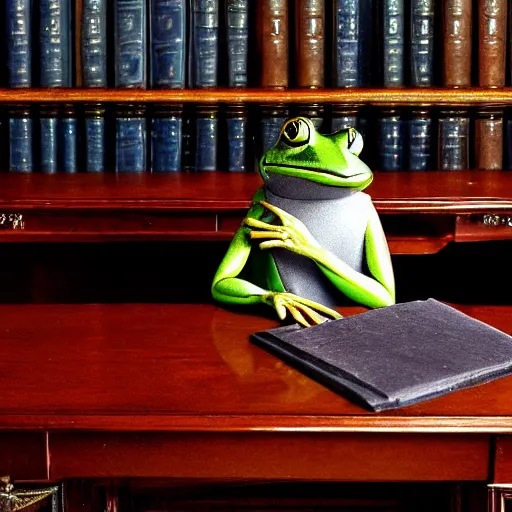 Image similar to 2 0 megapixels, aristocratic, vintage photo of an anthropomorphic perfect frog wearing a perfect suit sitting behind a perfect victorian desk, 1 9 4 0, professional photography, ultra detailed, beautiful, precise, close up