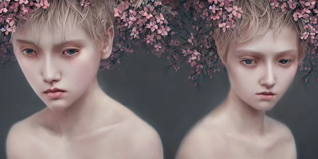 Image similar to breathtaking detailed concept art painting pattern of blonde short hair faces weird girls with anxious piercing eyes and blend of flowers, by hsiao - ron cheng, bizarre compositions, exquisite detail, extremely moody lighting, 8 k