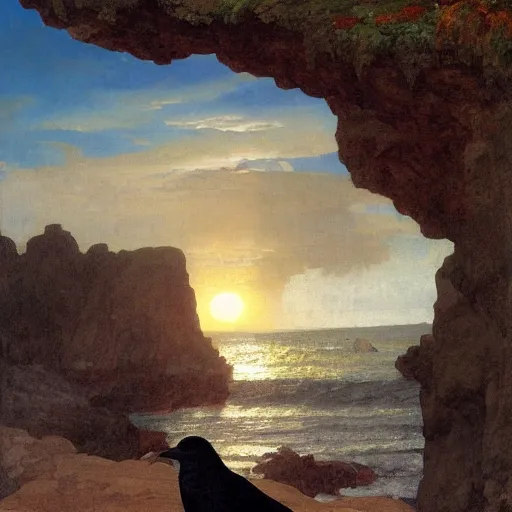 Prompt: a beautifully highly detailed close up portrait of a raven under a rock arch, coves crashing waves plants, beautiful serene sunset, detailed organic textures, by frederic leighton and rosetti and turner and eugene von guerard, 4 k