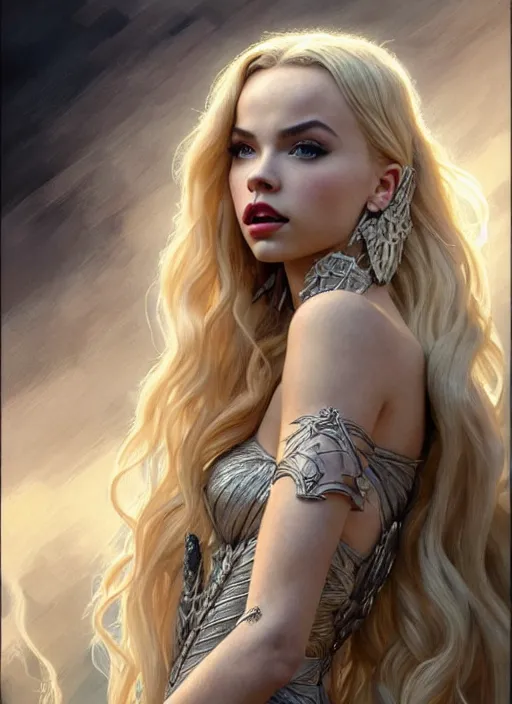 Image similar to ultra realistic illustration, a stunningly beautiful greek gothic goddess of chaos played by jordyn jones and dove cameron and margot robbie and taylor swift and megan fox, intricate, elegant, highly detailed, digital painting, artstation, concept art, smooth, sharp focus, illustration, art by artgerm and greg rutkowski and alphonse mucha