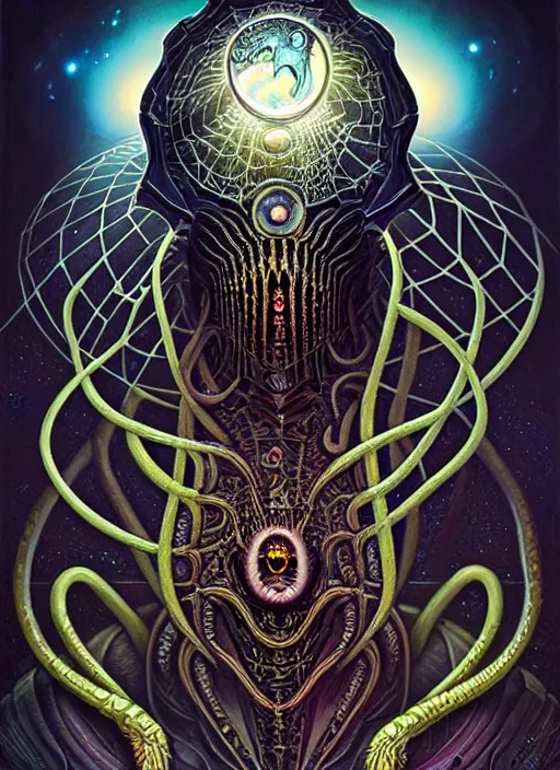 Image similar to cosmic lovecraft giger fractal spider portrait, pixar style, by tristan eaton stanley artgerm and tom bagshaw.