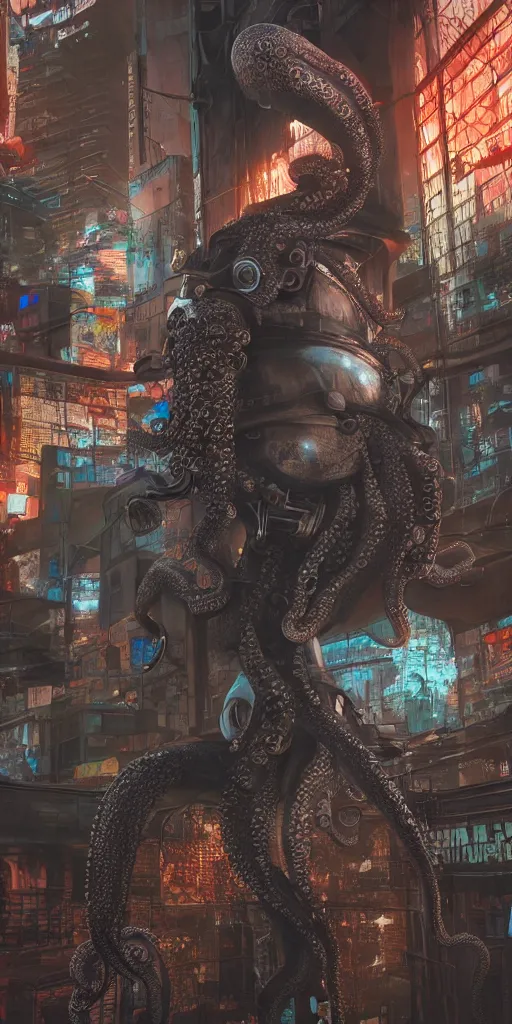 Image similar to hyperrealism, detailed textures, photorealistic 3 d cyberpunk octopus in apocalyptic city, futuristic clothing and helmet, ultra realistic, cinematic, intricate, cinematic light, unreal engine 8 k