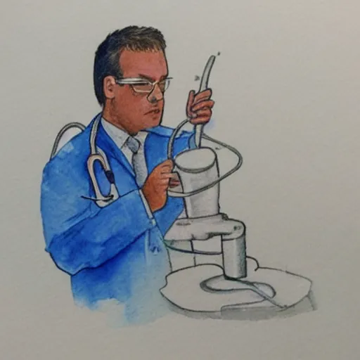 Image similar to a doctor performing surgery on a rocket, watercolor art traced by pencil