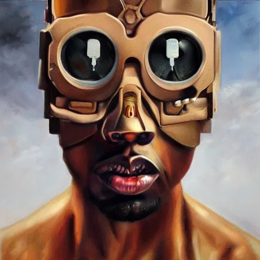 Image similar to a realistic oil painting of a cybernetic kanye west cyborg, surrealism portrait, post apocalyptic album cover