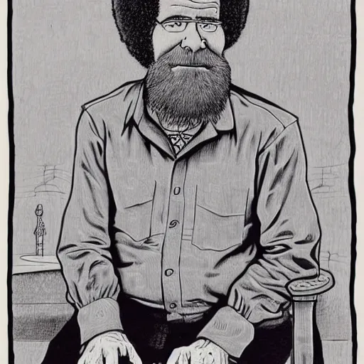 Prompt: bob ross in a portrait by line drawing robert crumb