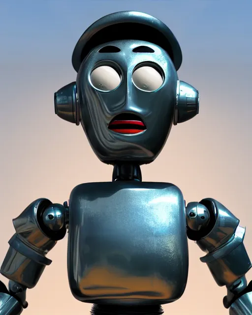 Image similar to highly detailed closeup, face profile portrait of a tin toy retro 1 9 5 0 s robot, bikini, unreal engine, max fleischer, global illumination, detailed and intricate environment