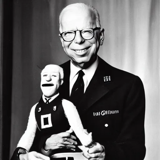 Prompt: UHD candid color photo of (Klaus Schwab in Nazi uniform) holding a (Joe Biden ventriloquist dummy), accurate faces, UHD, photorealistic, correct face, photo by Annie Leibowitz