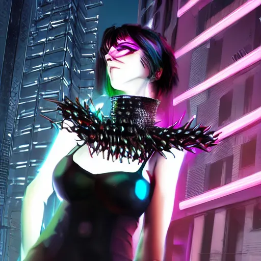 Prompt: an adult cyberpunk woman wearing large spiked punk collar, choker, steel choker, portrait, 4K, digital art, deviantart, artstation, neon, buildings in background,