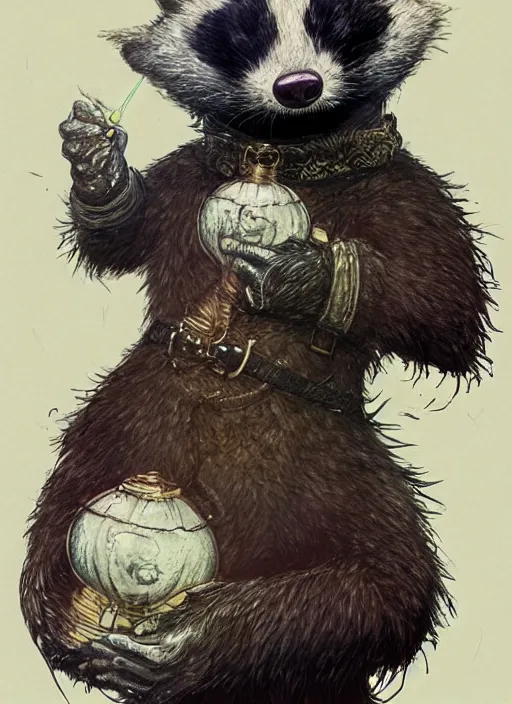 Image similar to a fantasy chibi illustration portrait of an anthropomorphic badger mage, by victo ngai, by stephen gammell, by george ault, artstation