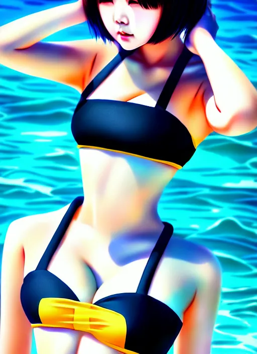 Image similar to ulzzang korean girl wearing two - piece swimsuit portrait, ilya kuvshinov, anime, pixiv top monthly, trending on artstation, cinematic, danbooru, zerochan art, kyoto animation