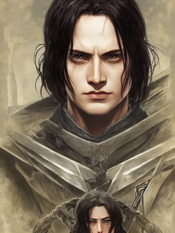 Image similar to levi ackerman, the lord of the rings, hyper detailed,, 8 k realistic, trending in artstation, digital painting, studio quality, cryengine, frostbite 3 engine, character design, smooth, sharp focus, art by artgerm and greg rutkowski and alphonse mucha and ian sprigger and wlop and krenz cushart