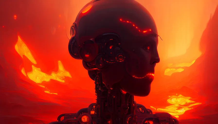 Prompt: moody portrait of a vast flaming robotic hellscape full of robotic chains and fite, path traced, environment, highly detailed, high quality, digital painting, alena aenami, lilia alvarado, shinji aramaki, karol bak, alphonse mucha, tom bagshaw