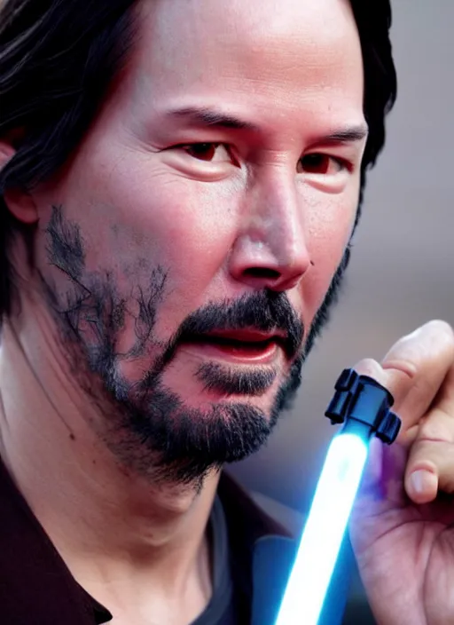 Prompt: close - up keanu reeves as a jedi holding a lightsaber, a red sand desert, 8 k, shallow depth of field, intricate detail,