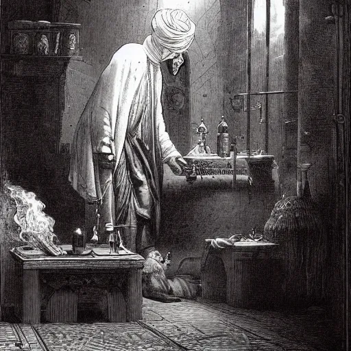 Image similar to Arabian Alchemist in his dark smoky lab. Painting by gustave dore. Colored painting.