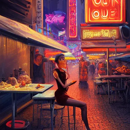 Image similar to anthropomorphic female vulpes vulpes fulva woman sitting at a noodle stand eating noodles in the crowded street of a cyberpunk city, rain, harsh neon lights, highly detailed, digital painting, trending on artstation, concept art, sharp focus, illustration, art by artgerm and greg rutkowski and magali villeneuve