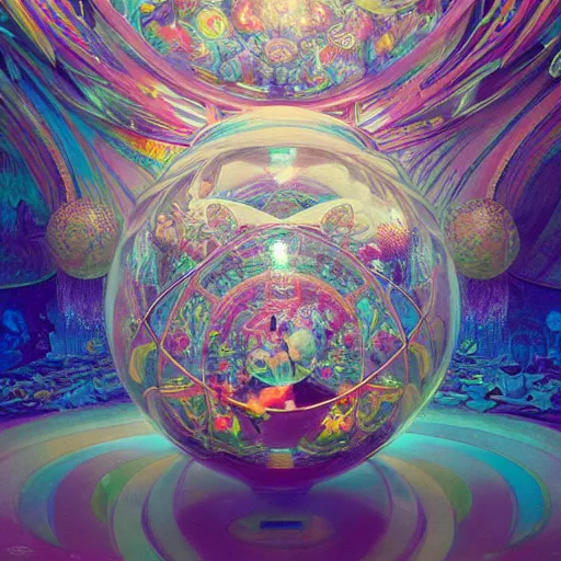 Prompt: inside a sphere with spheric colorful walls made of segmented crystals, interconnected, hyper realistic, octane render, colorful, vibrant, cinematic, amazing details, by james jean, brian froud, ross tran, alphonse mucha