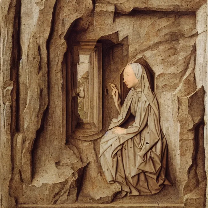 Prompt: a woman trapped in stone, by Jan van Eyck
