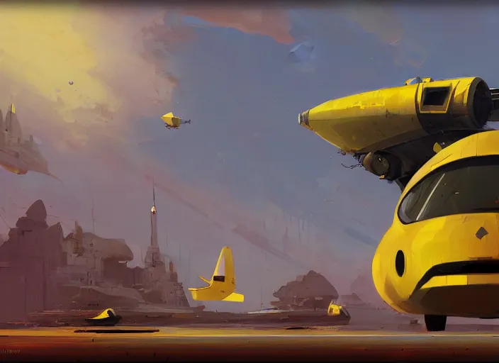 Image similar to a painting of a futuristic yellow submarine plane flying through the sky, concept art by Ian McQue, cgsociety, retrofuturism, artstation hq, concept art, sci-fi