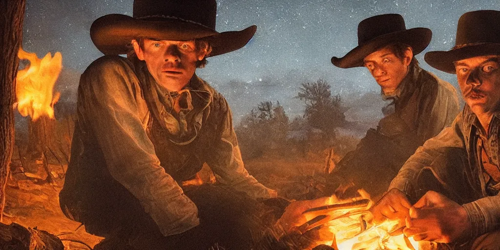 Prompt: in the old west, at a campfire at night, close up portrait of one sleeping bandit scoot mcnairy ( ( alone ) and wide shot of one young thomas brodie - sangster ( ( alone ) ) watches the stars and his horse grazes, in the style of a cinematic oil painting, warm color palate, astral