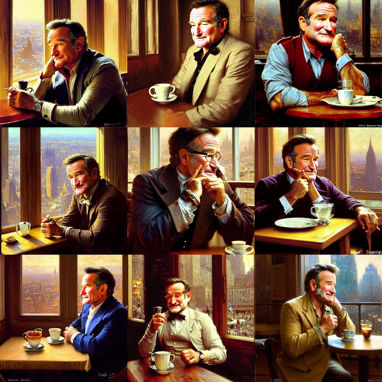 Prompt: robin williams in a cafe, staring out the glass at the city. very detailed face, natural lighting, path traced, highly detailed, high quality, digital painting, by gaston bussiere, j. c. leyendecker
