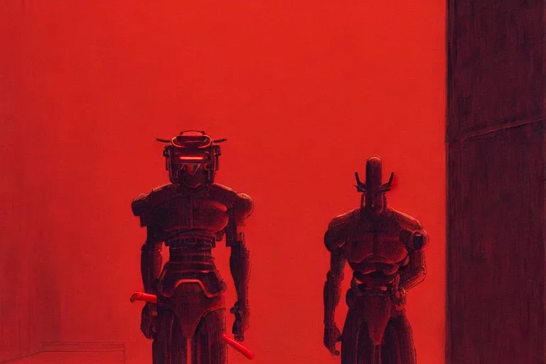 Image similar to only with red, a red cyborg samurai, tokio futuristic in background, some evil yokai, in the style of beksinski, parts by edward hopper, parts by rodcenko, parts by yue minjun, intricate and epic composition, red by caravaggio, insanely quality, highly detailed, masterpiece, red light, artstation, 4 k