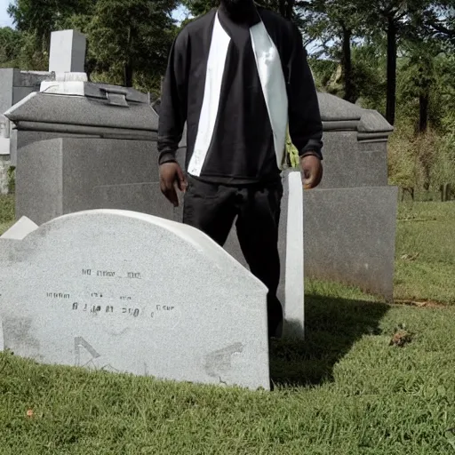 Image similar to rapper MF DOOM standing next to a hollowed out grave and coffin