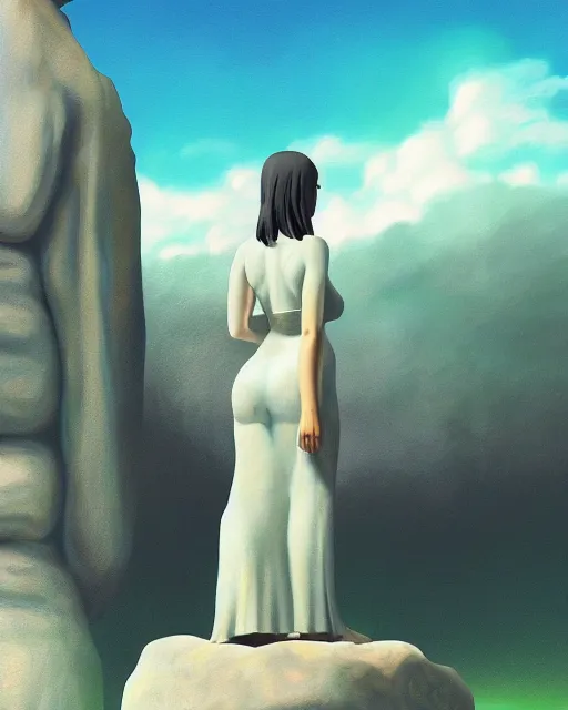 Image similar to a painting of a real woman standing in front of a huge stone statue, a screenshot by stanley twardowicz, cgsociety, aestheticism, aesthetic, vaporwave, anime aesthetic