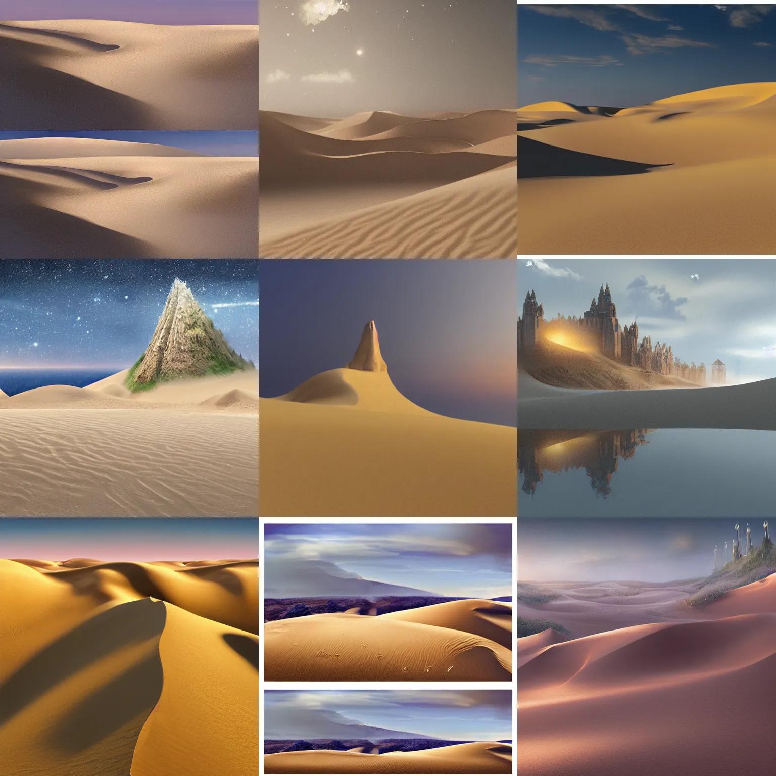 Prompt: digital matte painting glittering igolden dunes, ivory castles