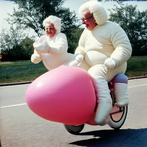 Image similar to a martin parr photo of a grandpa couple, wearing michelin man white body costumes, going super fast on a pink pig, 1 9 7 0 s kodachrome colour photo, flash on camera,